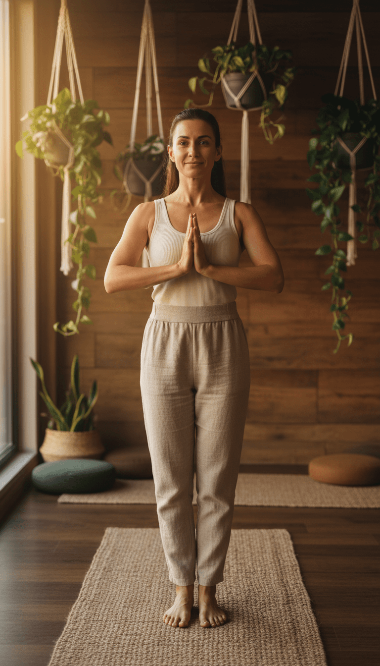 Yoga instructor standing in a sunlit studio with a calm, grounded presence