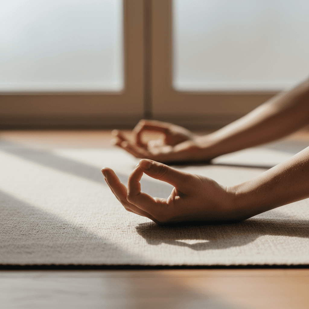 Hands resting on a yoga mat in gentle natural light