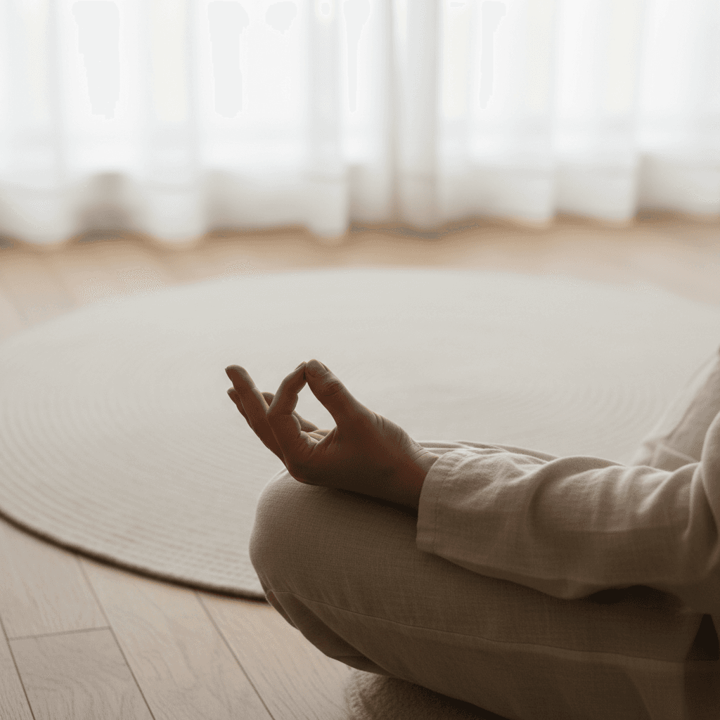 Close-up of hands in mudra pose in a warm studio setting