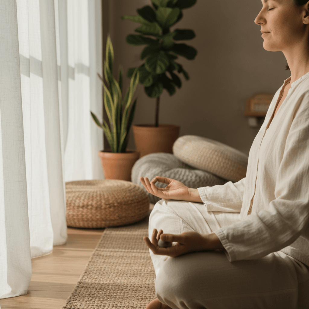 Yoga mat and candle in a sunlit room