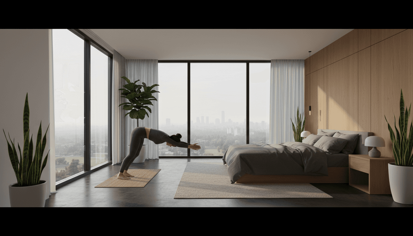 Quiet yoga space with jungle greenery visible through a window